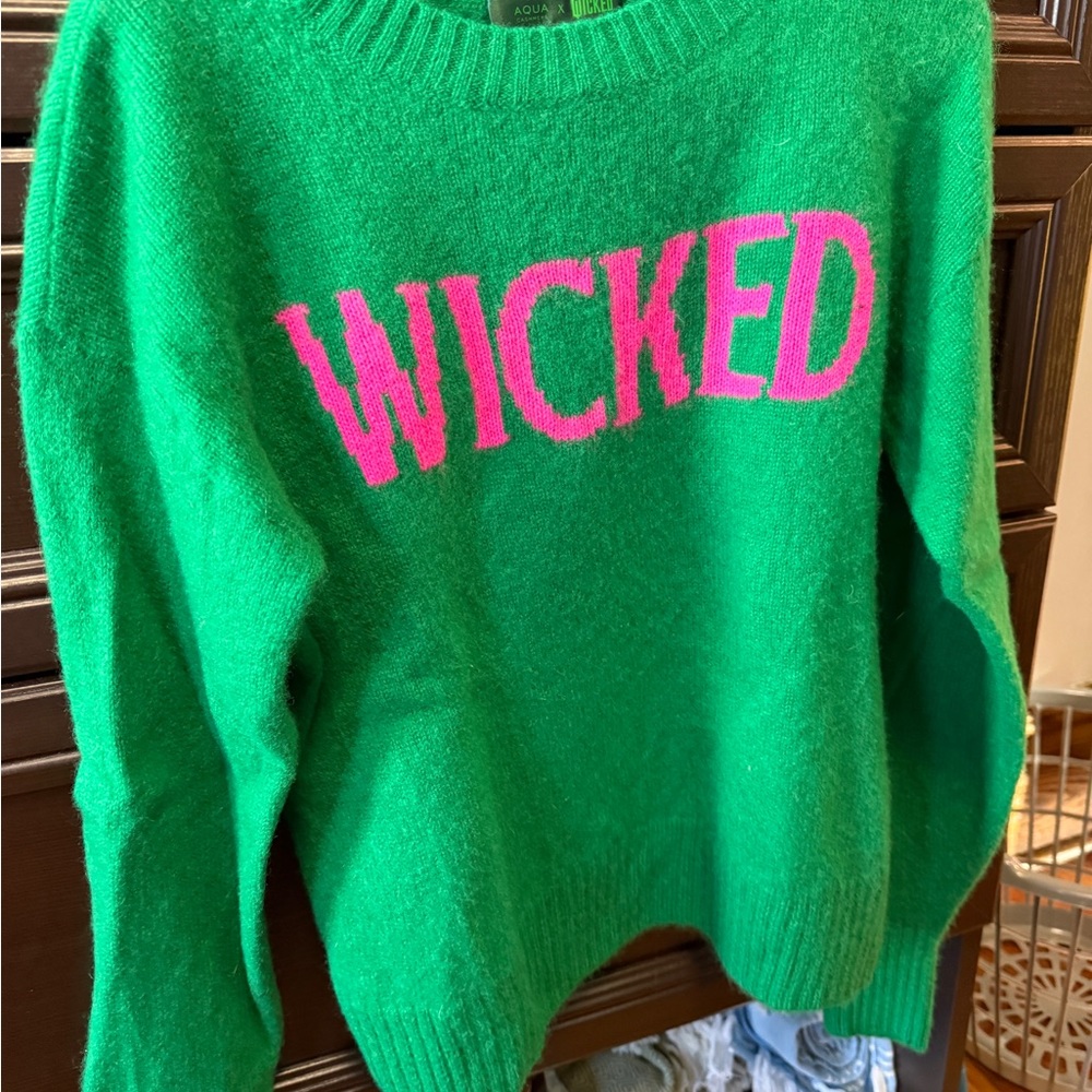 Green Cashmere Sweater with Pink 'Wicked' Design